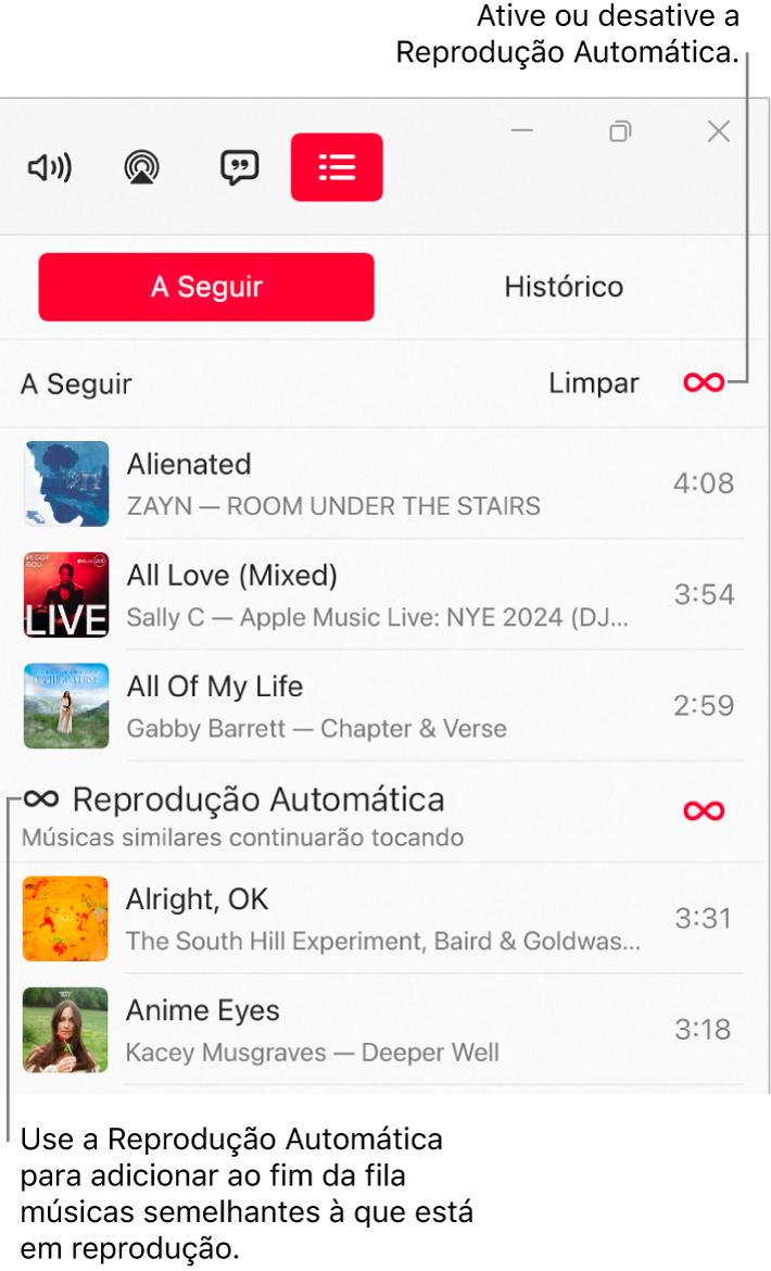 A fila A Seguir mostrando uma lista das próximas músicas e o ícone de Reprodução Automática à direita. Selecione o ícone de Reprodução Automática para ativá‑la ou desativá‑la. Quando a Reprodução Automática está ativada, músicas parecidas são adicionadas ao final da fila.