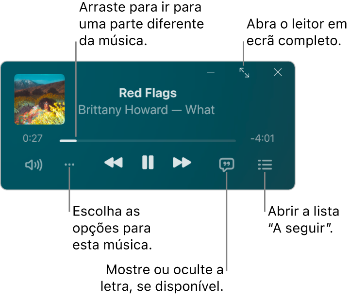 O minileitor mostra os controlos relativos à música que está a ser reproduzida. A parte principal da janela mostra o grafismo do álbum para a música. Por baixo do grafismo encontra-se um nivelador para ir para outra parte da música e os botões para ajustar o volume, selecionar opções, mostrar a letra e ver o que será reproduzido a seguir. No canto superior direito está um botão para abrir o leitor em ecrã completo.