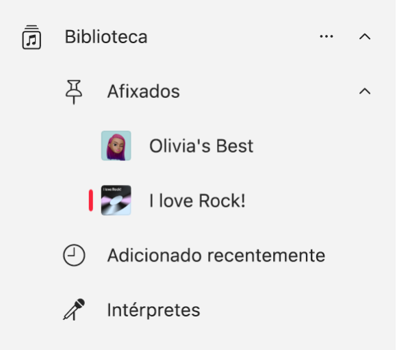 A barra lateral da aplicação Música mostra uma lista de elementos que foram afixados na biblioteca.