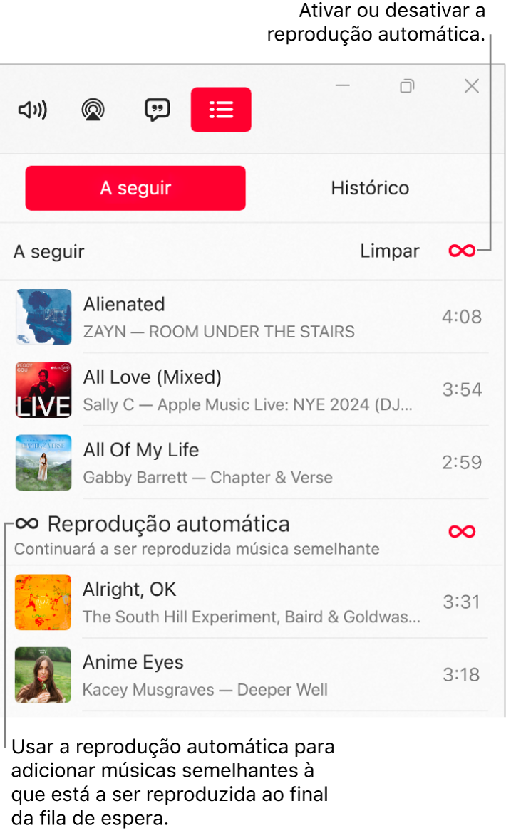 A fila de espera A seguir mostra uma lista das próximas músicas e o ícone de reprodução automática à direita. Selecione o ícone de reprodução automática para a ativar ou desativar. Quando a reprodução automática está ativada, são adicionadas músicas semelhantes à última posição da fila de espera.