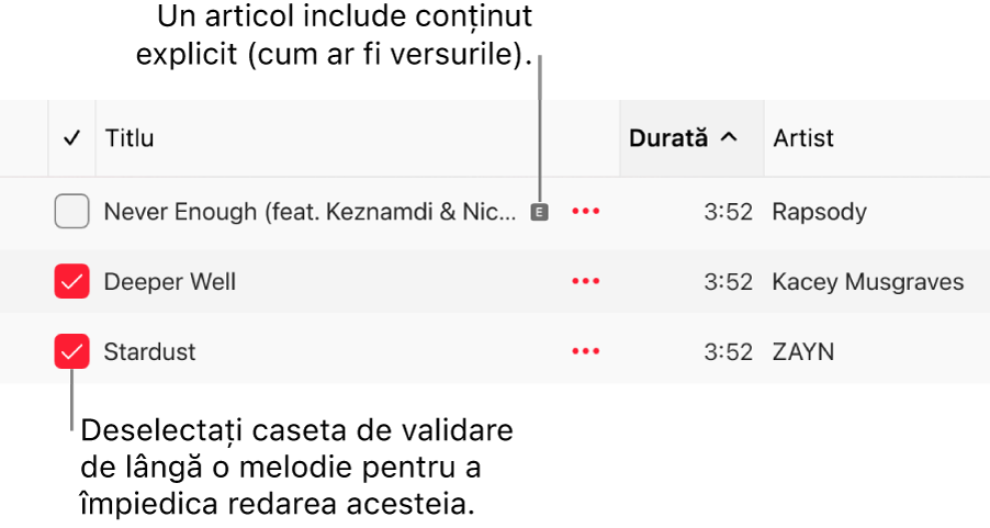 Detaliu al listei de melodii din Apple Music, prezentând casetele de validare și un simbol explicit pentru prima melodie (indicând că are conținut explicit, cum ar fi versurile). Deselectați caseta de validare de lângă o melodie pentru a împiedica redarea acesteia.