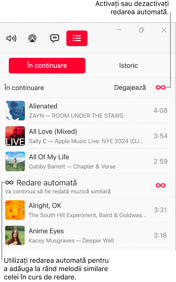 Lista “În continuare”, afișând o listă cu melodiile următoare și pictograma „Redare automată” în dreapta. Selectați pictograma „Redare automată” pentru a o activa sau dezactiva. Când redarea automată este pornită, la sfârșitul rândului de redare sunt adăugate melodii similare.