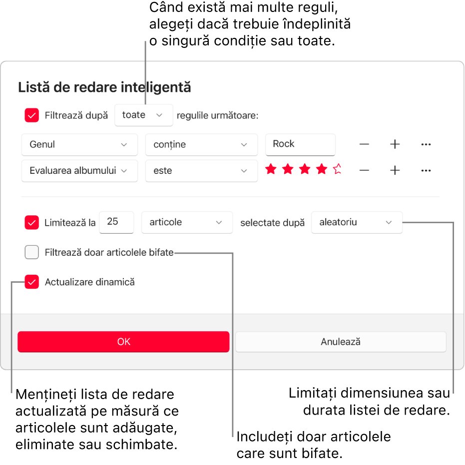 Dialogul Listă de redare inteligentă: În colțul din stânga sus, selectați Filtrează, apoi specificați criteriile listei de redare (cum ar fi genul sau evaluarea). Continuați să adăugați sau să eliminați reguli selectând butoanele Adaugă sau Elimină din dreapta. Selectați diferite opțiuni în porțiunea inferioară a dialogului, cum ar fi limitarea dimensiunii sau a duratei listei de redare, includerea doar a melodiilor bifate sau configurarea aplicației Apple Music astfel încât să actualizeze lista de redare pe măsură ce se modifică articolele din bibliotecă.
