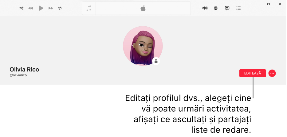 Pagina de profil din Apple Music: în partea dreaptă a ferestrei se află butonul Editare, pe care îl puteți selecta pentru a vă edita profilul, a selecta cine vă poate urmări activitatea, a afișa conținutul pe care îl ascultați și a partaja liste de redare.