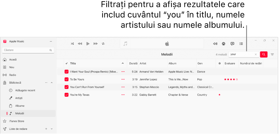 Fereastra Apple Music afișând lista de melodii care apar când “love” este introdus în câmpul de filtrare din colțul din dreapta sus. Melodiile din listă includ cuvântul “love” în titlu, în numele artistului sau al albumului.