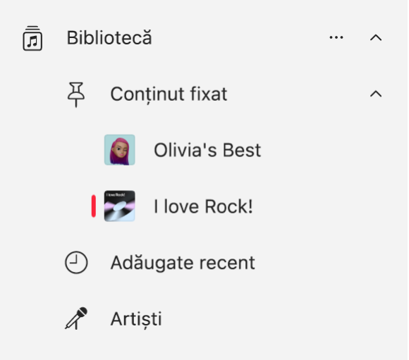 Bara laterală Muzică afișând o listă de articole care au fost fixate în bibliotecă.