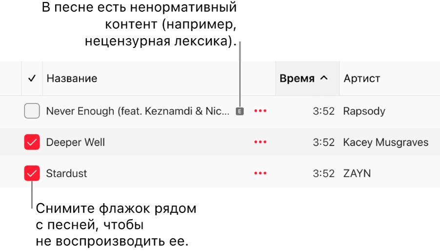 Фрагмент списка песен в приложении Apple Music. Показаны ячейки для установки флажков. Для первой песни отображается значок ненормативного контента, который указывает на наличие такого контента в песне (например, в ее тексте). Снимите флажок рядом с песней, чтобы предотвратить ее воспроизведение.