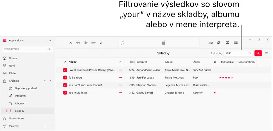 Okno Apple Music zobrazujúce zoznam skladieb, ktoré sa zobrazia, keď sa do poľa filtra v pravom hornom rohu zadá slovo „láska“. Skladby v zozname obsahujú slovo „love (láska)” vo svojom názve, v názve interpreta alebo v názve albumu.