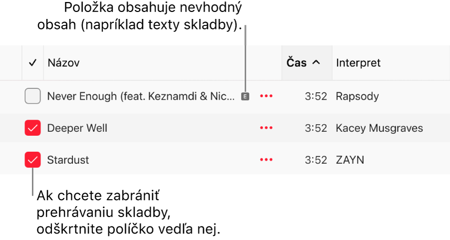 Detail zoznamu skladieb v apke Apple Music znázorňujúci zaškrtávacie políčka a symbol nevhodného obsahu pre prvú skladbu (označuje, že sa tam nachádza nevhodný obsah, ako napríklad text). Ak chcete zabrániť, aby sa skladba prehrávala, zrušte zaškrtnutie polička vedľa danej skladby.