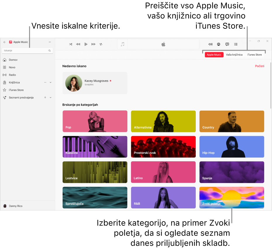 Okno aplikacije Apple Music, ki v zgornjem levem kotu prikazuje iskalno polje, na sredini seznam kategorij, v zgornjem desnem kotu pa gumbe Apple Music, Vaša knjižnica in iTunes Store.
