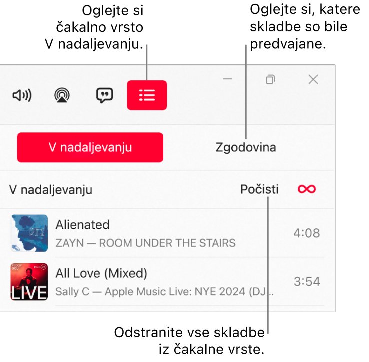 Zgornji desni kot okna aplikacije Apple Music z gumbom V nadaljevanju na vrhu čakalne vrste V nadaljevanju. Gumb Zgodovina je desno od gumba V nadaljevanju. Izberite gumb Zgodovina, da si ogledate predhodno predvajane skladbe. Pod gumbom Zgodovina je povezava za dejanje Počisti. Izberite Počisti, če želite s čakalne vrste odstraniti vse skladbe.