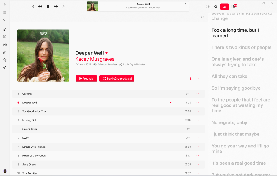 Skladba se predvaja z besedilom na desni, ki je časovno usklajeno z glasbo.