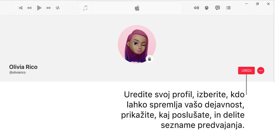 Stran profila v storitvi Apple Music: na desni strani okna je gumb Uredi, ki ga lahko izberete za urejanje profila, izbiro oseb, ki lahko spremljajo vašo dejavnost, prikaz tega, kaj poslušate, in deljenje seznamov predvajanja.