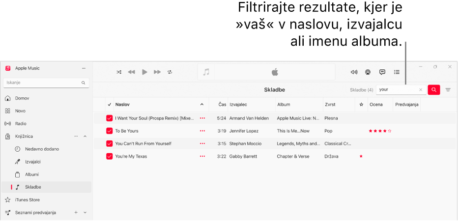 Okno storitve Apple Music, ki prikazuje seznam skladb po vnosu besede »ljubezen« v polje filtra v zgornjem desnem kotu. Skladbe na seznamu vsebujejo besedo »ljubezen« v naslovu, imenu izvajalca ali imenu albuma.