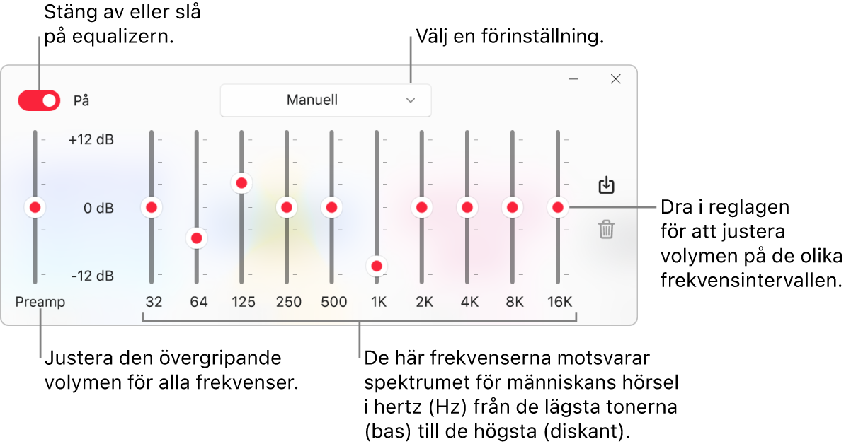 Equalizer-fönstret: I övre vänstra hörnet finns knappen för att slå på musikequalizern. Bredvid den finns popupmenyn med förinställningarna för equalizern. Längst till vänster kan den allmänna volymen för alla frekvenser justeras med förförstärkaren. Under förinställningarna för equalizern går det att justera volymen för olika frekvensintervall som representerar spektrumet för människans hörsel från lägsta till högsta.