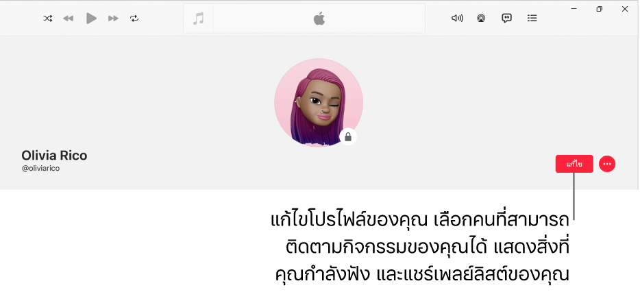 หน้าโปรไฟล์ใน Apple Music: ทางด้านขวาของหน้าต่างคือปุ่มแก้ไข ซึ่งคุณสามารถเลือกเพื่อแก้ไขโปรไฟล์ของคุณ เลือกคนที่สามารถติดตามกิจกรรมของคุณ แสดงสิ่งที่คุณกำลังฟังอยู่ และแชร์เพลย์ลิสต์ได้