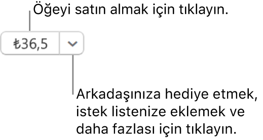 Fiyatı görüntüleyen bir düğme. Öğeyi satın almak için fiyatı seçin. Öğeyi bir arkadaşınıza hediye etmek, istek listenize eklemek ve daha fazlası için fiyatın yanındaki oku seçin.