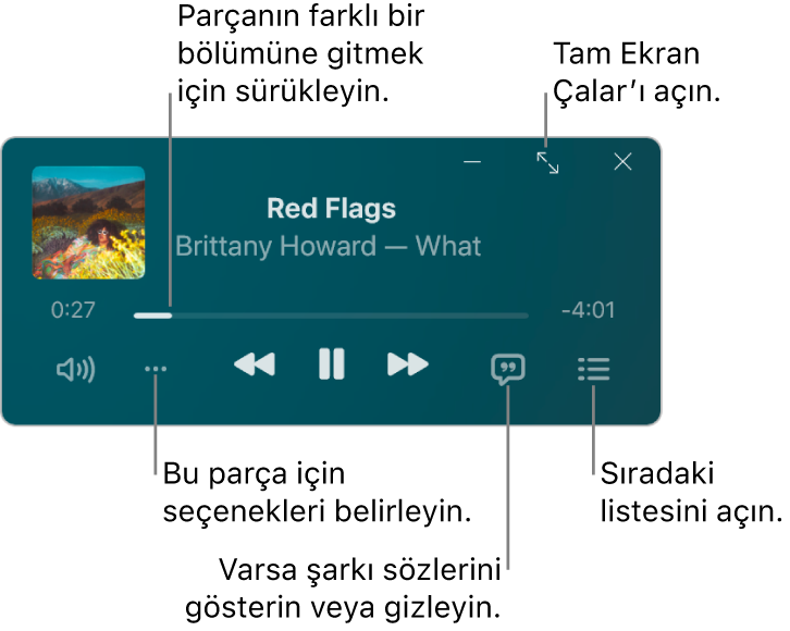 Çalmakta olan parçanın denetimlerini gösteren Mini Çalar. Pencerenin ana kısmında parçaya ait albüm resmi gösterilir. Resmin altında parçanın farklı bir kısmına geçmeyi sağlayan bir sürgü ve ses yüksekliğini ayarlamaya, seçenekleri seçmeye, şarkı sözlerini göstermeye, sıradaki parçayı görmeye yönelik düğmeler vardır. Sağ üst köşede Tam Ekran Çalar’ı açma düğmesi yer alır.