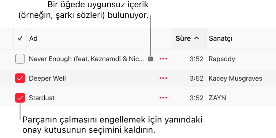 Apple Music’teki parça listesine ait, onay kutularını ve ilk parça için (şarkı sözleri gibi uygunsuz içeriğe sahip olduğunu belirten) bir uygunsuz sembolü gösteren ayrıntılı bilgiler. Bir parçanın çalmasını engellemek için yanındaki onay kutusunun seçimini kaldırın.