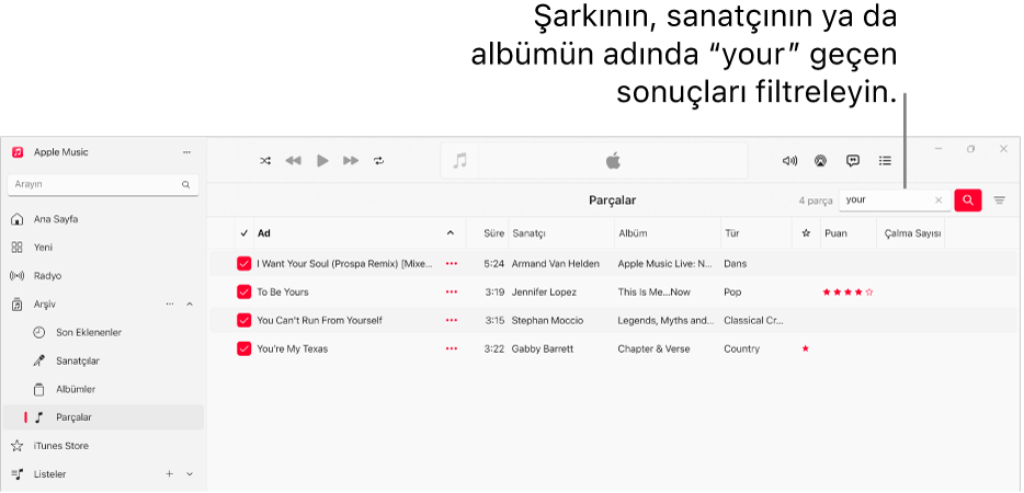 Sağ üst köşedeki filtre alanına “love” girildiğinde görünen parça listesinin gösterildiği Apple Music penceresi. Listedeki parçaların başlığında, sanatçı adında veya albüm adında "love" kelimesi bulunmaktadır.