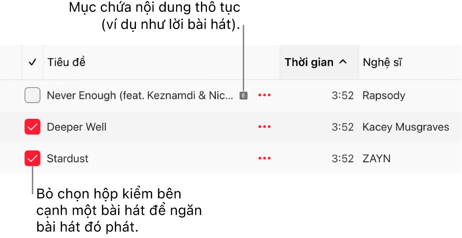 Chi tiết của danh sách bài hát trong Apple Music, đang hiển thị các hộp kiểm và biểu tượng thô tục cho bài hát đầu tiên (cho biết bài hát đó có nội dung thô tục, ví dụ như lời bài hát). Bỏ chọn hộp kiểm bên cạnh một bài hát để ngăn bài hát đó phát.