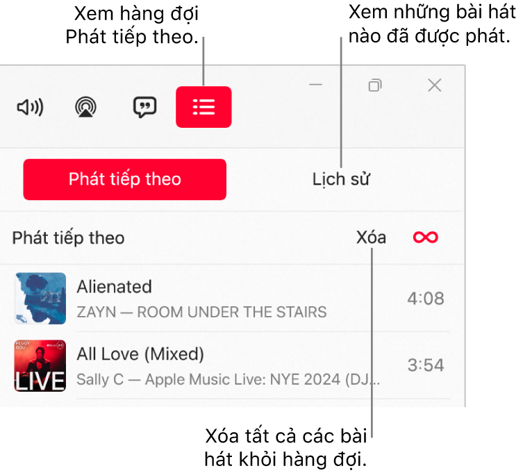 Góc trên cùng bên phải của cửa sổ Apple Music với nút Phát tiếp theo ở đầu hàng đợi Phát tiếp theo. Nút Lịch sử nằm ở bên phải của nút Phát tiếp theo. Chọn nút Lịch sử để xem các bài hát đã phát trước đây. Liên kết Xóa nằm bên dưới nút Lịch sử. Chọn liên kết Xóa để xóa tất cả bài hát khỏi hàng đợi.