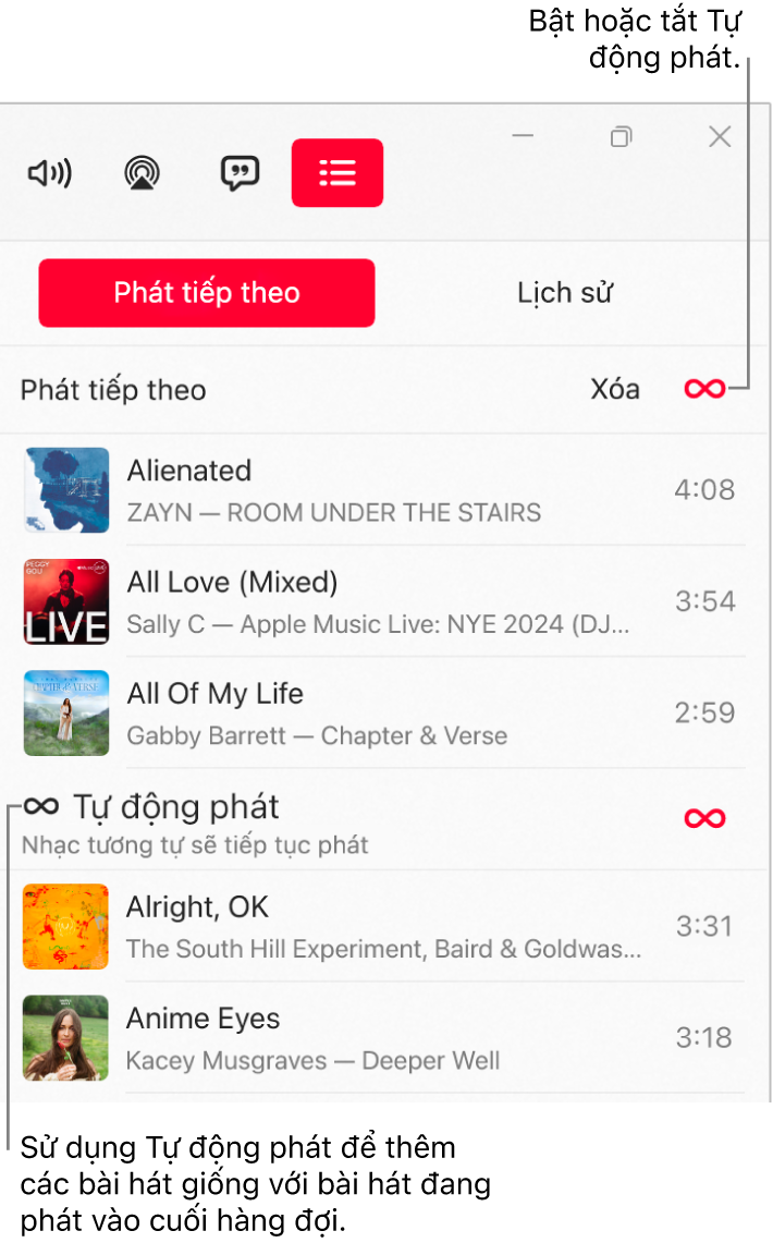 Hàng đợi Phát tiếp theo, đang hiển thị danh sách các bài hát sắp tới và biểu tượng Tự động phát ở bên phải. Chọn biểu tượng Tự động phát để bật hoặc tắt. Khi Tự động phát được bật, các bài hát tương tự sẽ được thêm vào cuối hàng đợi.