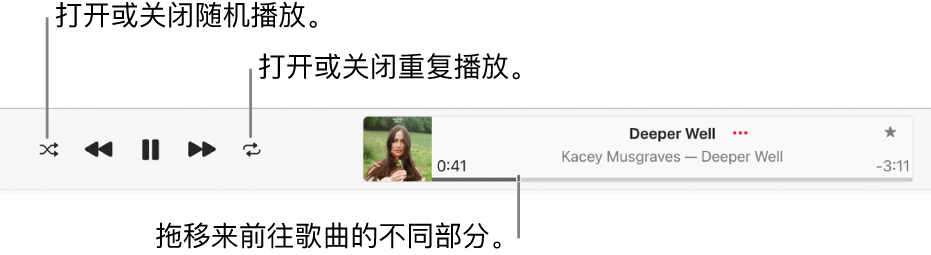 播放窗口中一首歌曲正在播放。“随机播放”按钮位于左上角;“重复播放”按钮位于专辑插图的左侧。滑动条位于窗口右侧歌曲名称的下方。