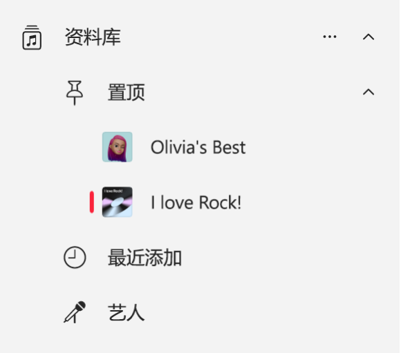 “音乐”边栏显示资料库置顶项目列表。
