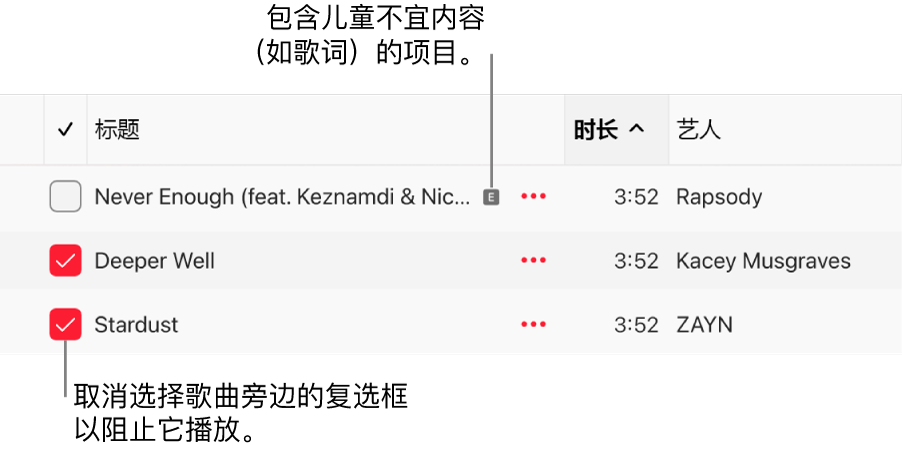 Apple Music 中歌曲列表的详细信息，其中显示相应复选框以及第一首歌曲的儿童不宜符号（表示歌曲包含儿童不宜内容，如歌词）。取消选择歌曲旁的复选框，以阻止播放该歌曲。
