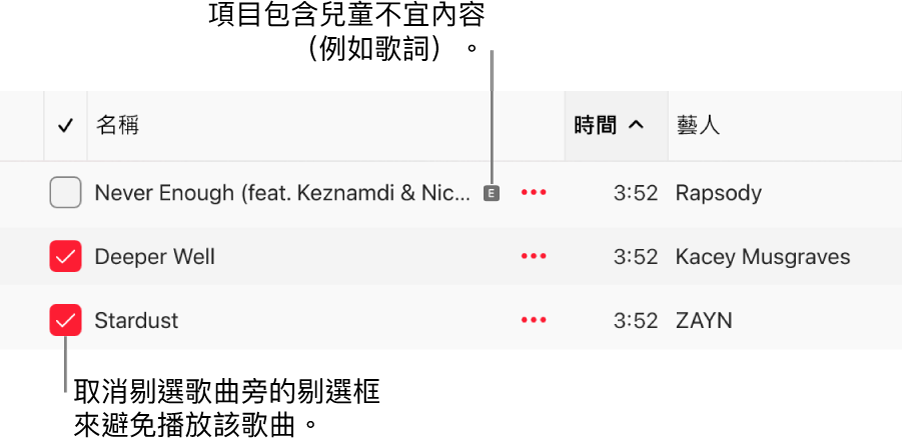 Apple Music 中歌曲列表的詳細資料，顯示剔選框和第一首歌曲的兒童不宜符號（表示該歌曲含有兒童不宜內容，例如歌詞）。 取消剔選歌曲旁的剔選框以避免播放該首歌曲。