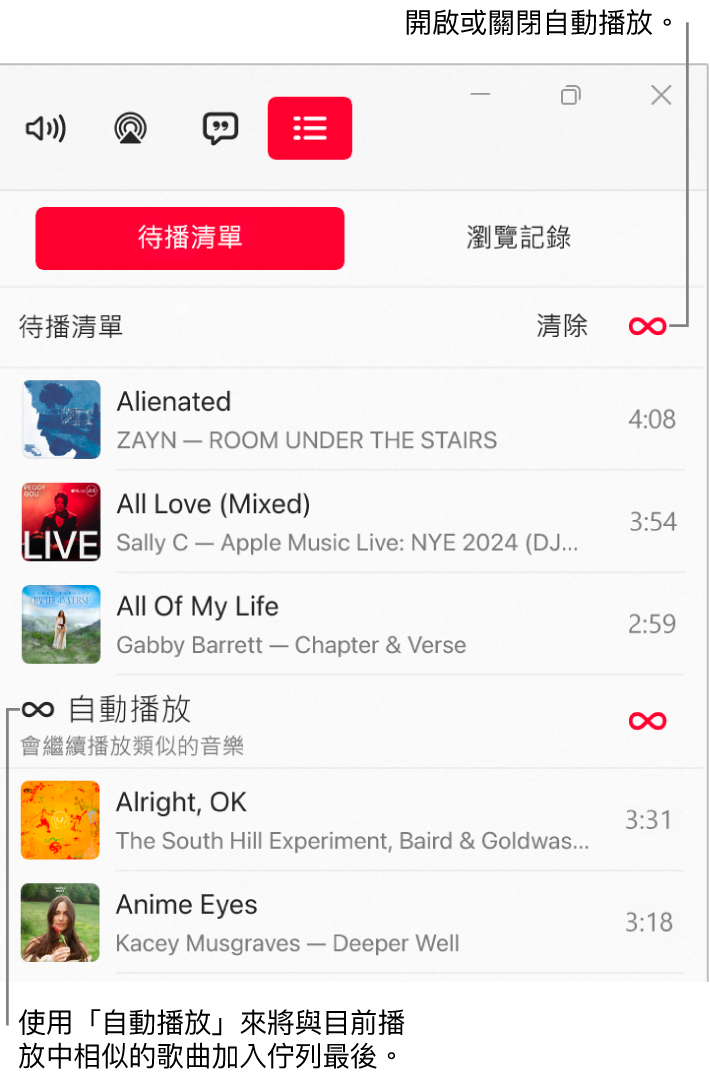 「待播清單」佇列，顯示即將播放的歌曲清單和右側的「自動播放」圖像。選取「自動播放」圖像來將其開啟或關閉。開啟「自動播放」時，相似的歌曲會加入到佇列尾端。