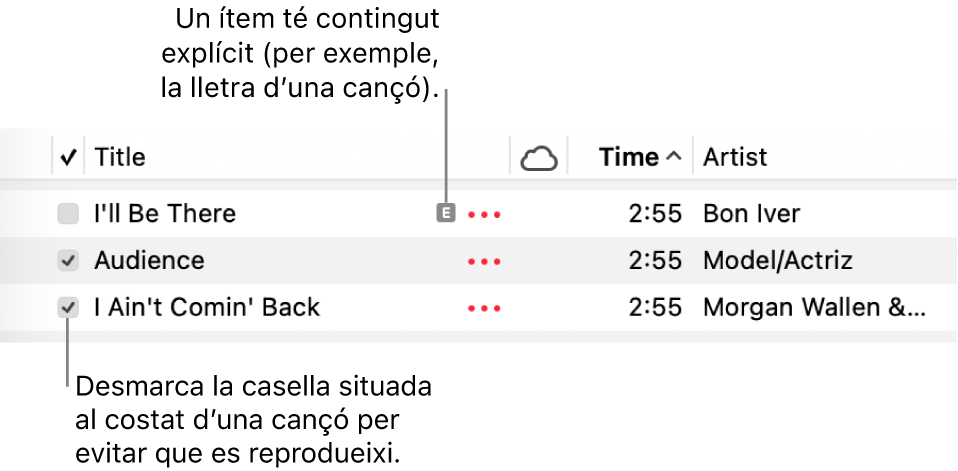 Detall de la llista de cançons a l’app Música amb les caselles de selecció i un símbol d’explícit a la primera cançó (aquest símbol indica que té contingut explícit, que pot ser la lletra de la cançó). Desmarca la casella que hi ha al costat d’una cançó perquè no es reprodueixi.