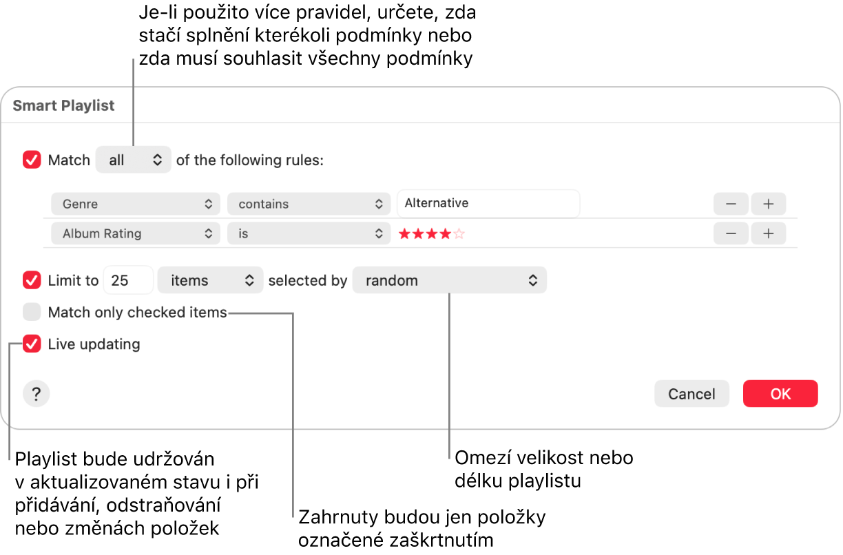 Dialogové okno dynamického playlistu: V levém horním rohu vyberte Match a uveďte podmínky pro skladby zařazované do playlistu (například žánr nebo hodnocení). Podmínky můžete přidávat a odstraňovat pomocí tlačítka Přidat a Odstranit v pravém horním rohu. V dolní části dialogového okna můžete nastavit různé možnosti, například omezit velikost nebo délku playlistu, zahrnout do něj pouze zkontrolované skladby nebo nastavit, aby aplikace Hudba aktualizovala playlist vždy, když se změní položky ve vaší knihovně.