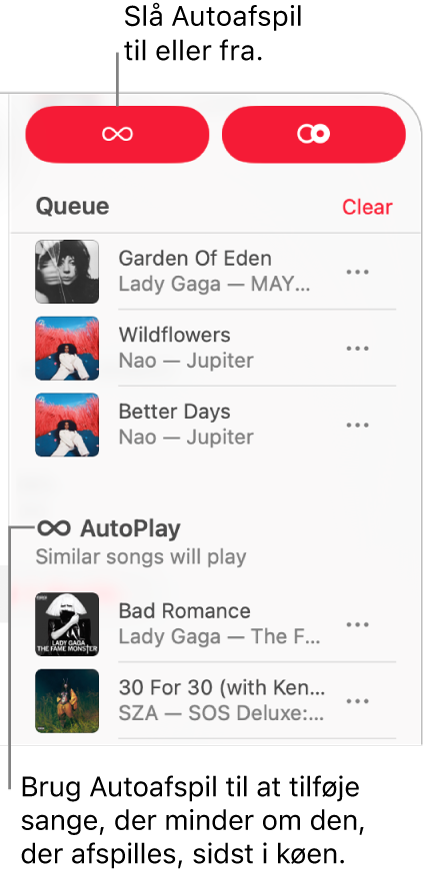 Køen er synlig i øverste højre hjørne af Apple Music. Sektionerne Fortsæt afspilning og Autoafspil vises.