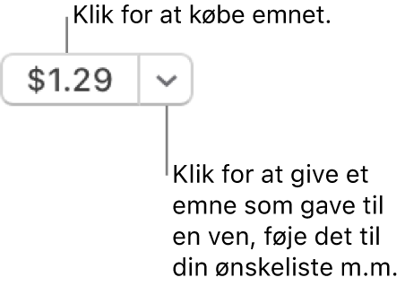 En knap, der viser en pris. Klik på prisen for at købe emnet. Klik på pilen ved siden af prisen for at give emnet som gave til en ven, føje emnet til din ønskeliste m.m.