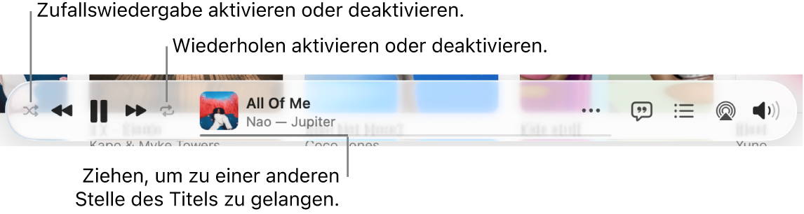 Der untere Bereich von Apple Music mit einem Musiktitel, der gerade wiedergegeben wird. Ganz links befinden sich die Wiedergabesteuerungen. Links neben den Wiedergabesteuerungen ist die Taste „Zufällige Wiedergabe“ und die Taste „Wiederholen“ ist rechts davon. Bewege die Abspielposition zu einer anderen Stelle im Titel.