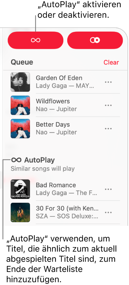 In Apple Music ist oben rechts die Warteliste sichtbar. Die Abschnitte „Wiedergabe fortsetzen“ und „AutoPlay“ werden angezeigt.