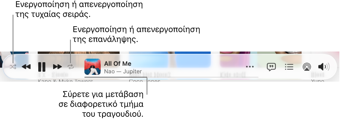 Το κάτω μέρος του Apple Music όπου αναπαράγεται ένα τραγούδι. Τα στοιχεία ελέγχου αναπαραγωγής βρίσκονται τέρμα αριστερά. Το κουμπί «Τυχαία σειρά» βρίσκεται στα αριστερά των στοιχείων ελέγχου αναπαραγωγής και το κουμπί «Επανάληψη» βρίσκεται στα δεξιά των στοιχείων ελέγχου. Σύρετε την κεφαλή αναπαραγωγής για μετάβαση σε διαφορετικό τμήμα του τραγουδιού.
