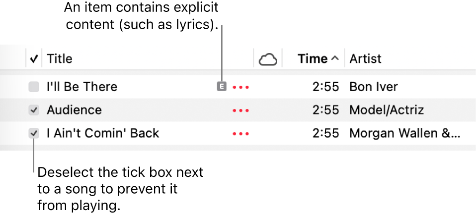 Detail of the songs list in Music, showing the tick boxes and an explicit symbol for the first song (indicating it has explicit content such as lyrics). Unselect the tick box next to a song to prevent it from playing.