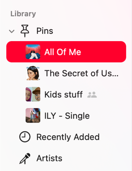 The Music sidebar showing pins (such as a song, an album and a playlist) in the Library,