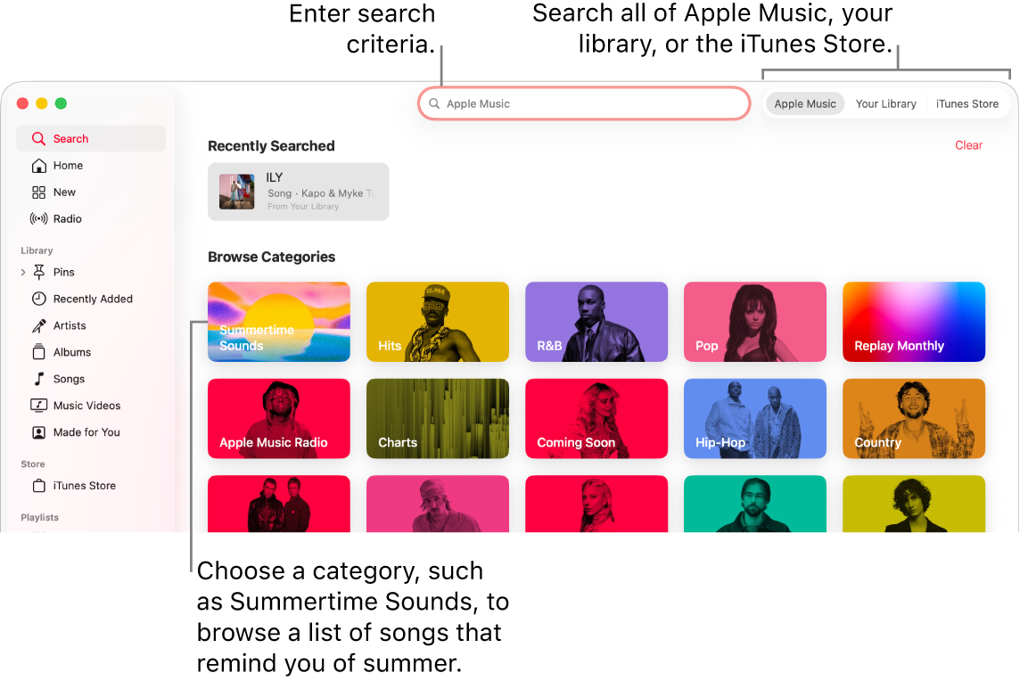 The Apple Music window showing the search field in the top-left corner, the list of categories in the center of the window, and Apple Music, Your Library, and iTunes Store available in the top-right corner. Enter search criteria in the search field, then choose to search all of Apple Music, just your library, or the iTunes Store.