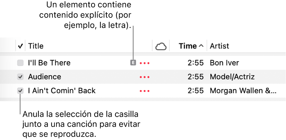 Detalle de la lista de canciones en Música, con las casillas a la izquierda y el símbolo de contenido explícito para la primera canción (que indica que su contenido es explícito, por ejemplo, la letra). Anula la selección junto a una canción para evitar que se reproduzca.