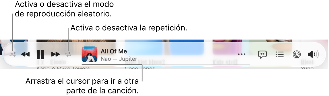 La parte inferior de Apple Music mostrando la canción que se está reproduciendo. Los controles de reproducción están en el extremo izquierdo. El botón Aleatorio está a la izquierda de los controles de reproducción mientras que el botón Repetir se encuentra a la derecha de los controles. Arrastra el cursor de reproducción para ir a un fragmento específico de la canción.