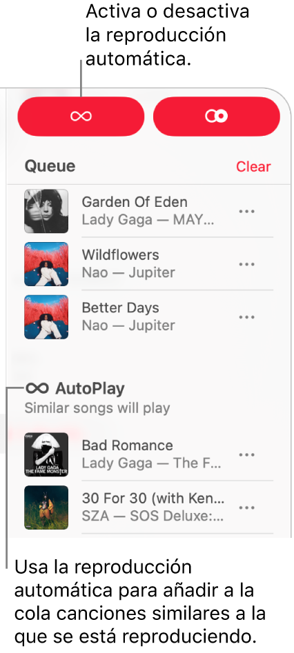 La cola está visible en la esquina superior derecha de Apple Music. Apareen las secciones “A continuación” y “Reproducción automática”.