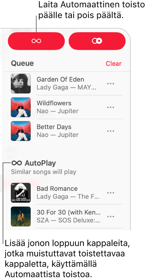Jono näkyy Apple Musicin oikeassa yläkulmassa. Jatka toistoa- ja Automaattinen toisto -osiot tulevat näkyviin.