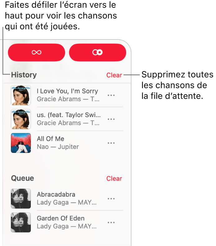 La liste d’écoute est visible dans le coin supérieur droit de la fenêtre d’Apple Music. Les sections Historique, Liste d’écoute et Continuer la lecture s’affichent.