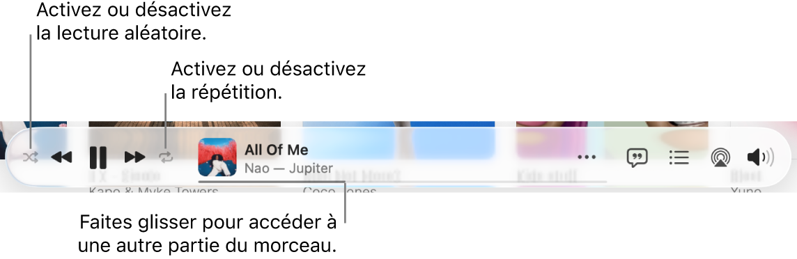 La partie inférieure d’Apple Music avec un morceau en cours de lecture. Les commandes de lecture se trouvent tout à gauche. Le bouton « Ordre aléatoire » se trouve à gauche des commandes de lecture et le bouton Répéter à droite des commandes. Faites glisser la tête de lecture dans la barre de progression pour accéder à une autre partie du morceau.