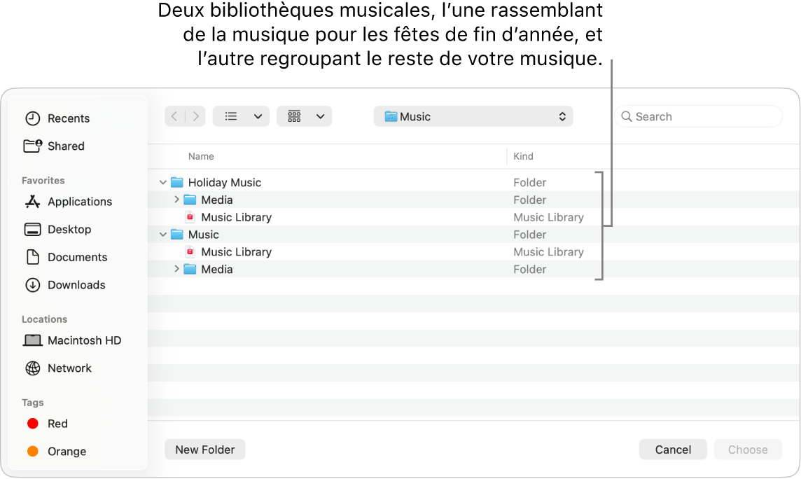 La fenêtre Finder montrant plusieurs bibliothèques : une pour la musique de Noël et l’autre pour le reste de votre musique.