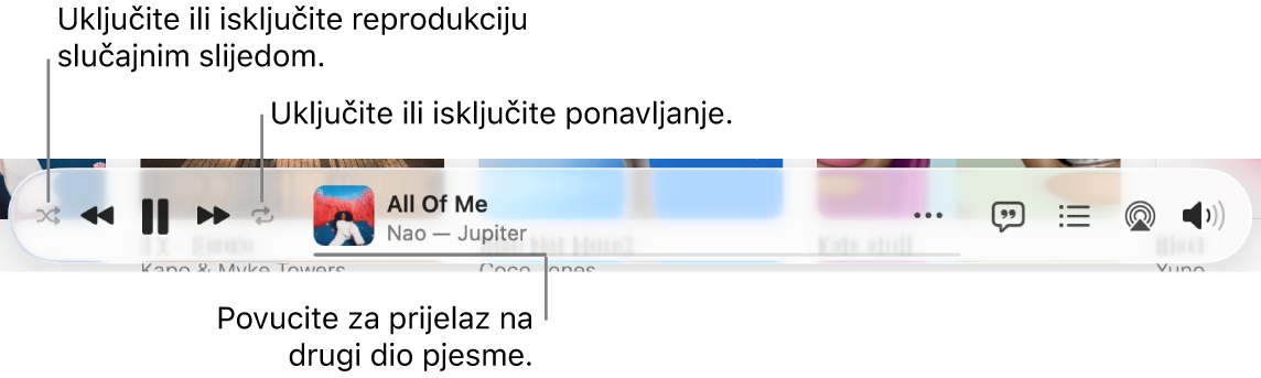 Dno usluge Apple Music s reprodukcijom pjesme. Kontrole za reprodukciju nalaze se skroz s lijeve strane. Tipka Slučajni odabir nalazi se s lijeve strane kontrola reprodukcije a tipka Ponavljanje nalazi se desne strane kontrola. Povucite kliznik reprodukcije za prijelaz na drugi dio pjesme.